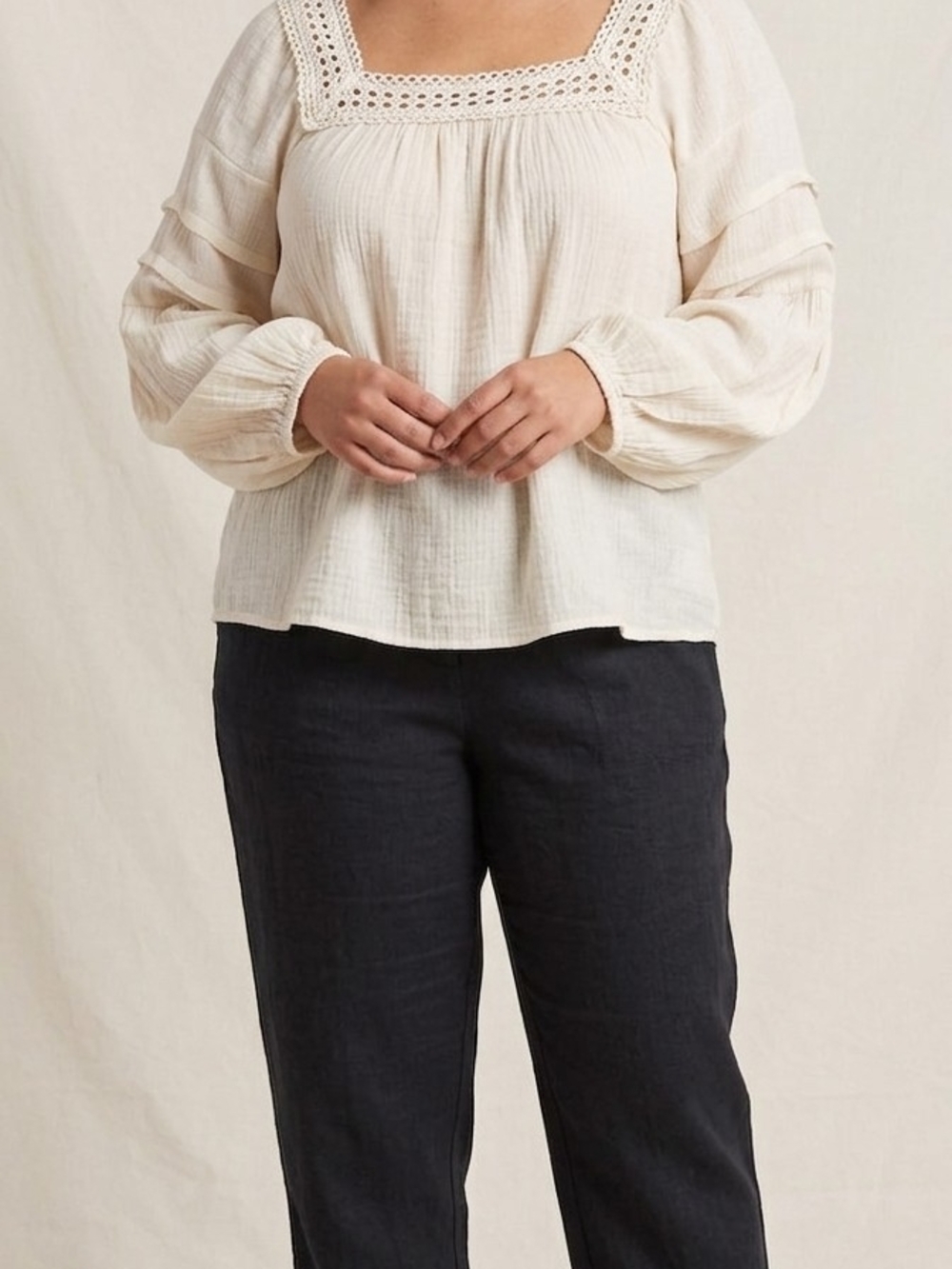entro Cream Crochet-Trim Square Neck Peasant Blouse.   WS 125